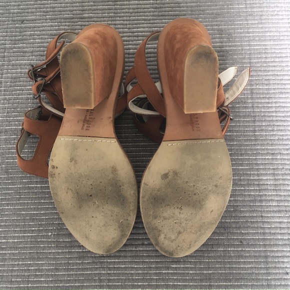 Freda Salvador Fringed Gladiator Block Heel Sandals In Camel Suede US 6.5 - Picture 13 of 13